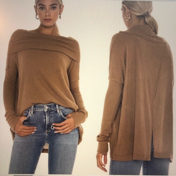 Free People Juicy Ribbed Cowl Neck Long Sleeve Top Vintage Bronze Medium - Picture 3 of 16